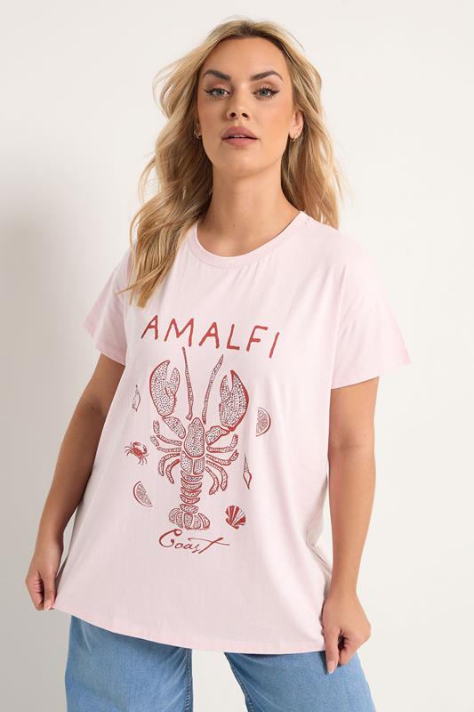 YOURS Curve Pink 'Amalfi Coast' Embellished T-Shirt
