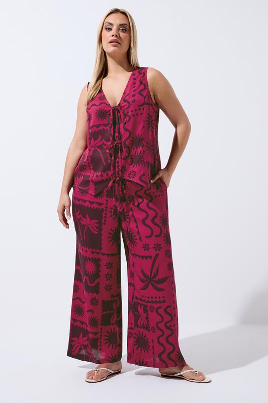LIMITED COLLECITON Plus Size Berry Red Summer Print Wide Leg Trousers | Yours Clothing 1