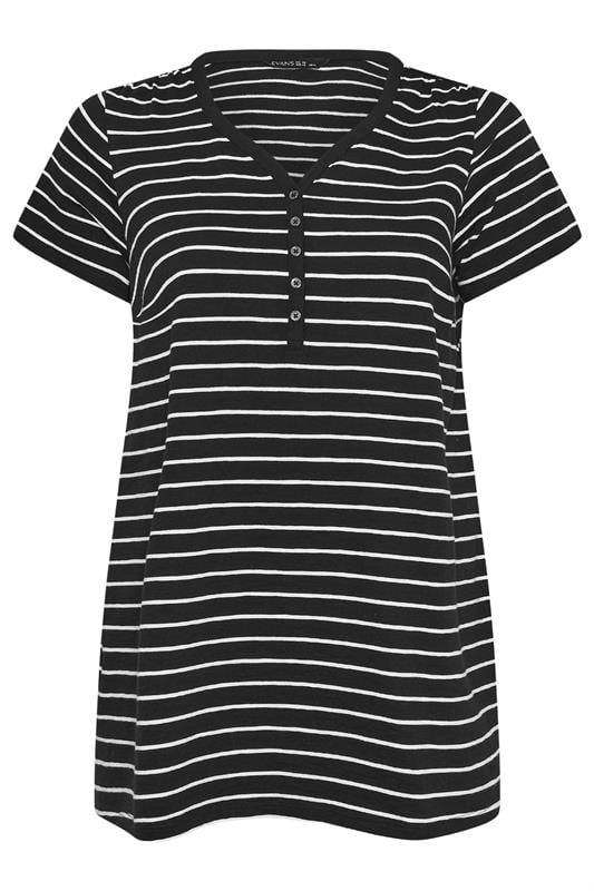 EVANS Plus Size Black Stripe Short Sleeve Cotton Henley Top | Evans 6