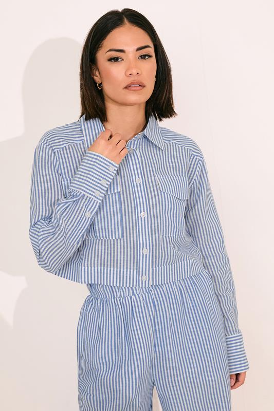 PixieGirl Petite Women's Blue Linen Striped Pocket Shirt | PixieGirl 1