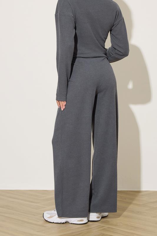 PixieGirl Petite Women's Charcoal Grey Textured Wide Leg Trousers | PixieGirl 2