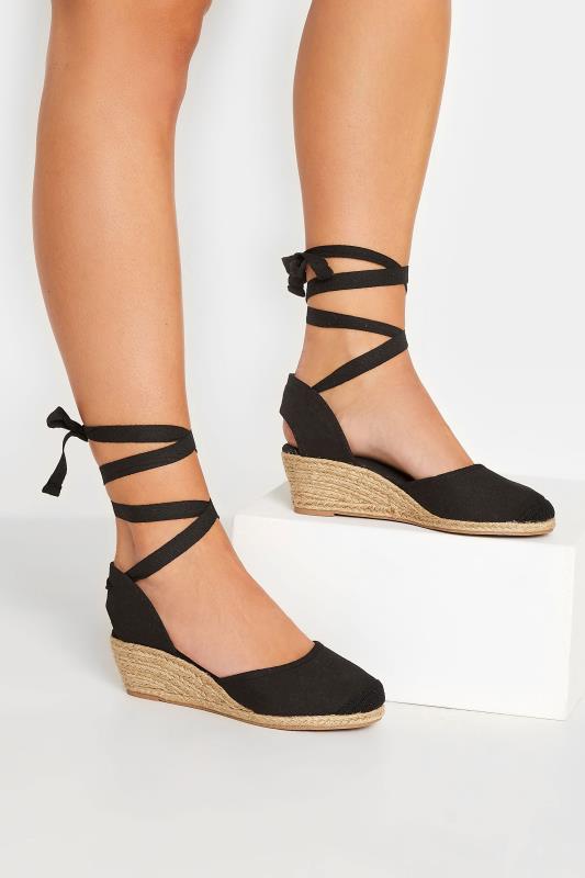 Plus Size  Yours Black Lace Up Espadrille Wedges In Wide E Fit & Extra Wide EEE Fit