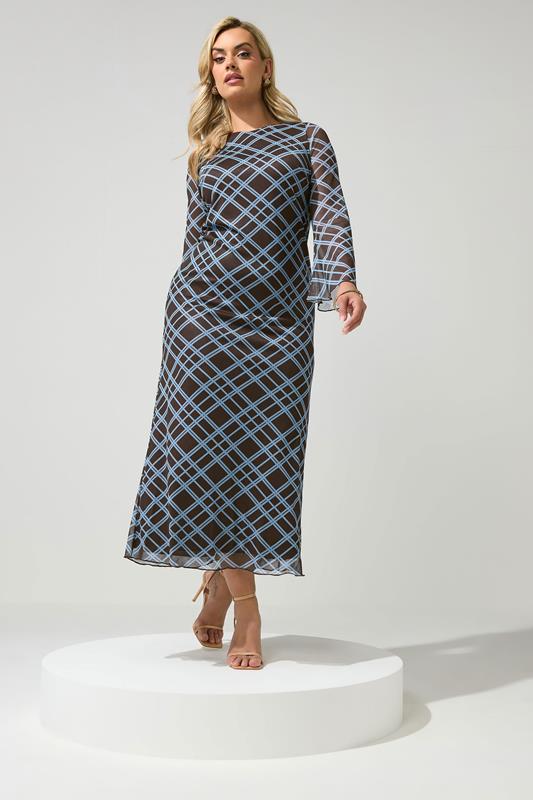 YOURS LONDON Plus Size Chocolate Brown & Blue Checked Mesh Dress | Yours Clothing 1