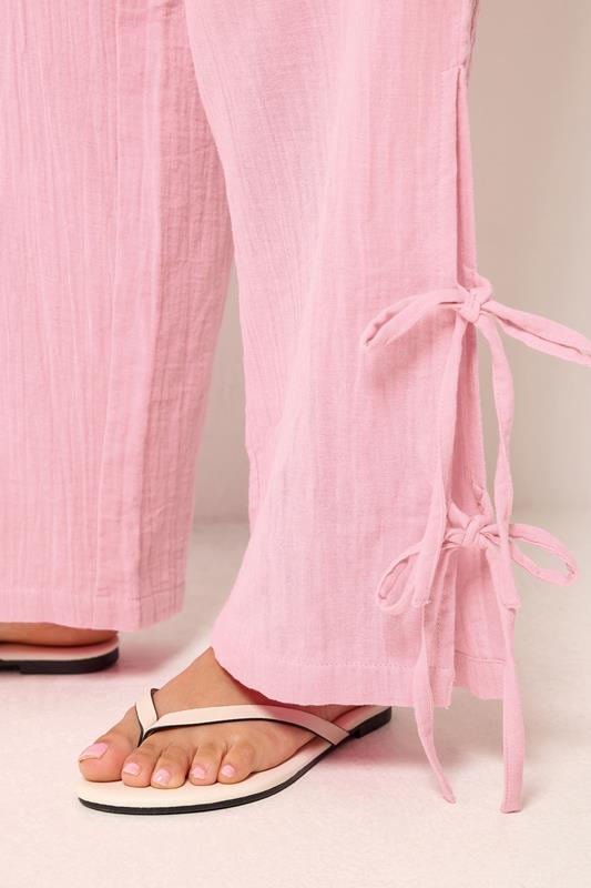 PixieGirl Petite Women's Pink Tie Detail Cotton Cheesecloth Wide Leg Trousers | PixieGirl 2