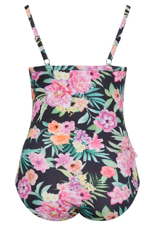 YOURS Plus Size Black Floral Print Frill Tummy Control Swimsuit | Yours Clothing 8