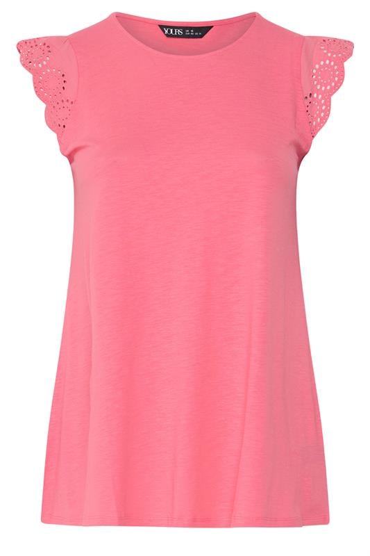 YOURS Plus Size Coral Pink Broderie Anglaise Frill Vest Top | Yours Clothing 5