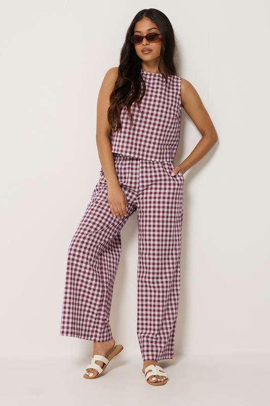  PixieGirl Petite Set Burgundy Red Gingham Cotton Top & Wide Leg Trousers