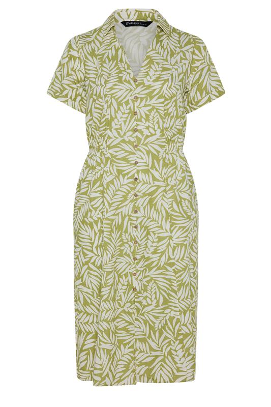 EVANS Plus Size Green Leaf Print Shirred Waist Midi Linen Dress | Evans 6