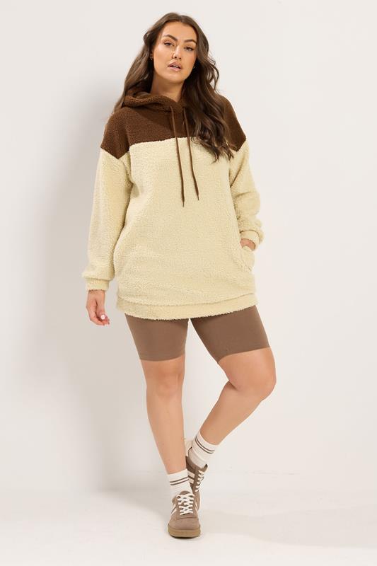YOURS Plus Size Natural Brown Colourblock Teddy Fleece Hoodie | Yours Clothing  1