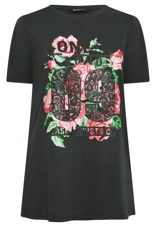 YOURS Plus Size Black Acid Wash 'London' Rose Print T-Shirt | Yours Clothing 6