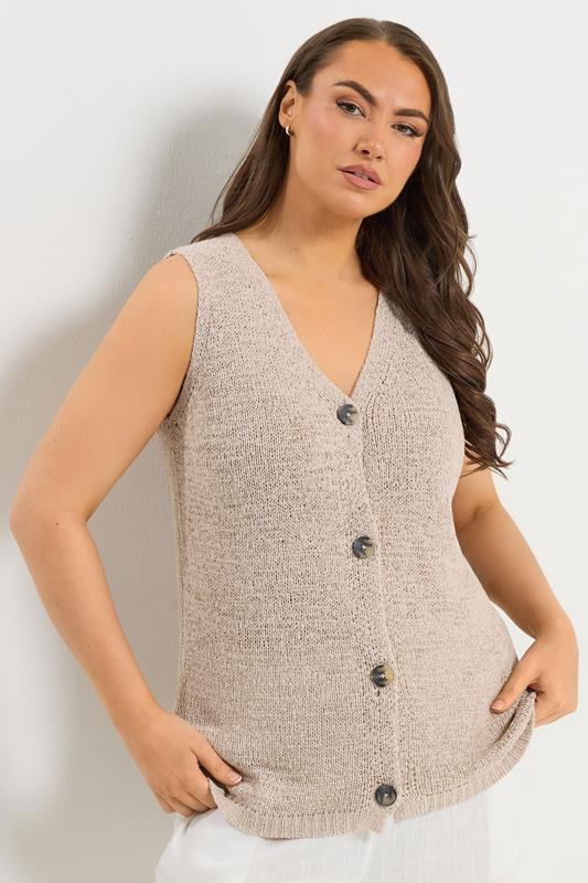 YOURS Plus Size Natural Brown Button Through Knitted Waistcoat | Yours Clothing 1