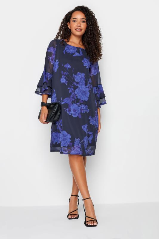 M&Co Black & Purple  Floral Print Flute Sleeve Shift Dress | M&Co 2