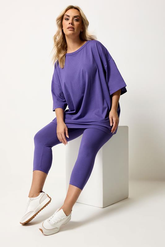 YOURS Plus Size Purple Elasticated Waist Cropped Leggings | Yours Clothing 1