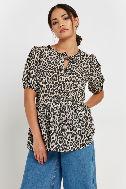 PixieGirl Petite Black Leopard Print Tie Front Smock Top