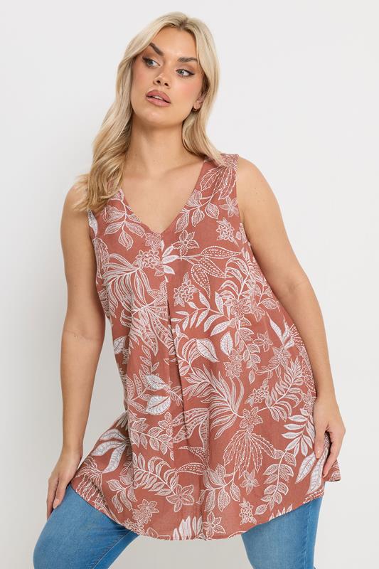 YOURS Plus Size Rust Orange Palm Leaf Linen Vest Top | Yours Clothing 1