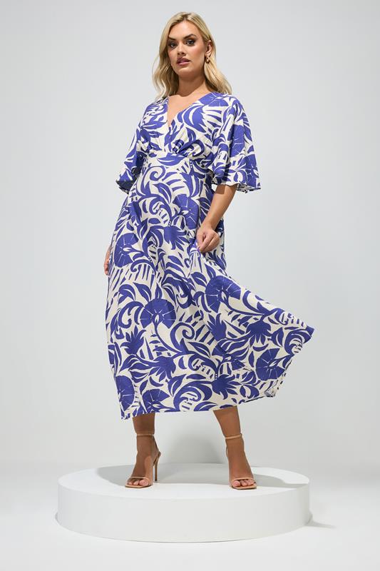 YOURS LONDON Curve Blue Floral Linen Look Wrap Dress