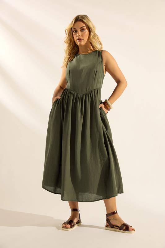 YOURS Plus Size Khaki Green Sleeveless Linen Midi Dress | Yours Clothing 1
