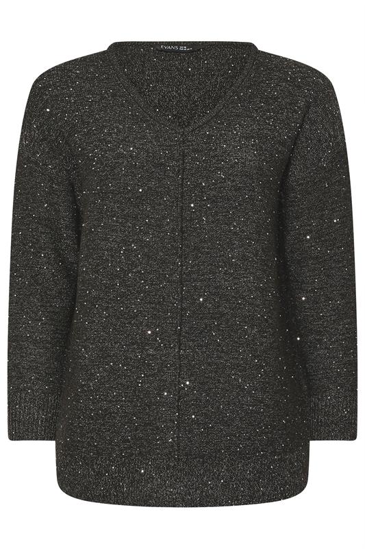 EVANS Plus Size Black Sequin Embellished V-Neck Jumper | Evans 5