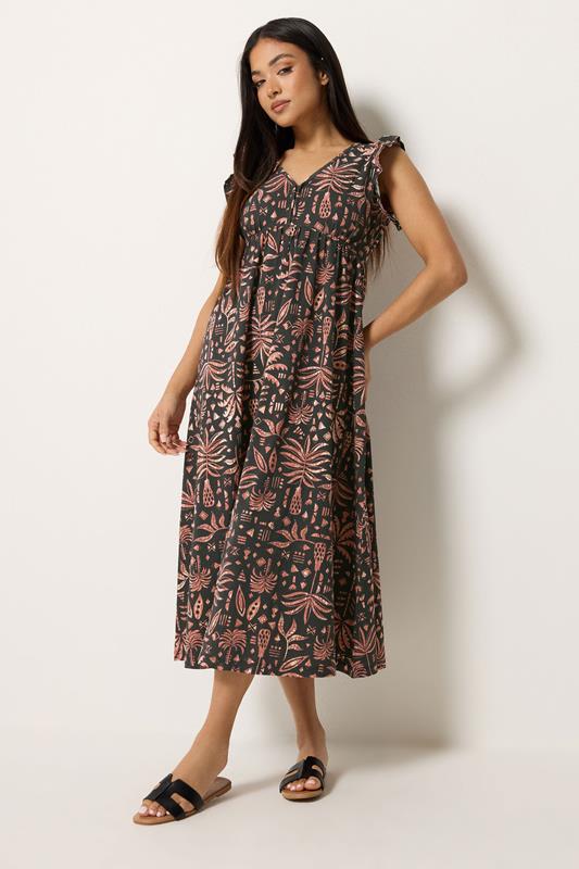 M&Co Petite Black Aztec Frill Sleeve Midi Dress | M&Co 1