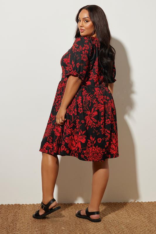 YOURS Plus Size Black & Red Floral Tie Neck Mini Dress | Yours Clothing 2