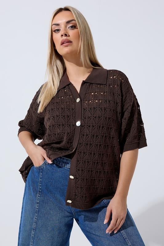 LIMITED COLLECTION Curve Chocolate Brown Crochet Shirt