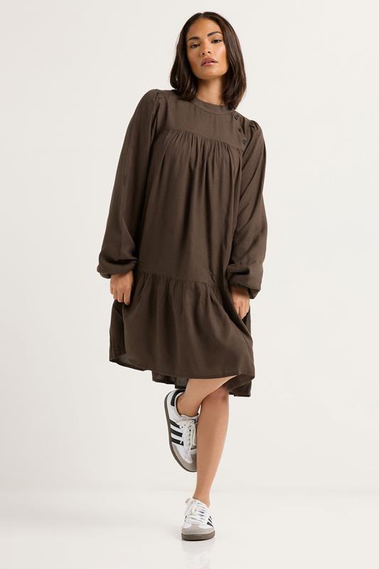 PixieGirl Petite Women's Chocolate Brown Button Smock Midi Dress | PixieGirl 1