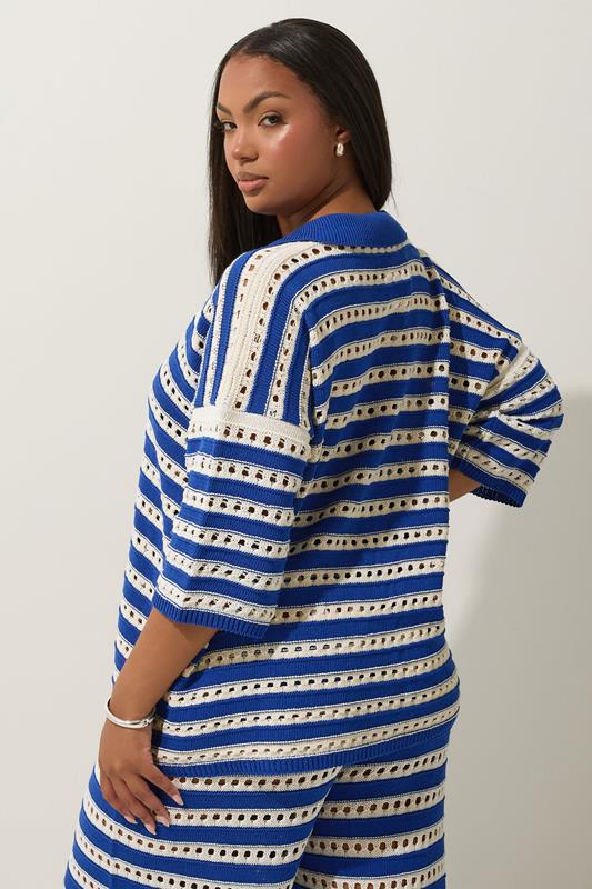 LIMITED COLLECTION Plus Size Blue & White Stripe Crochet Shirt | Yours Clothing 2