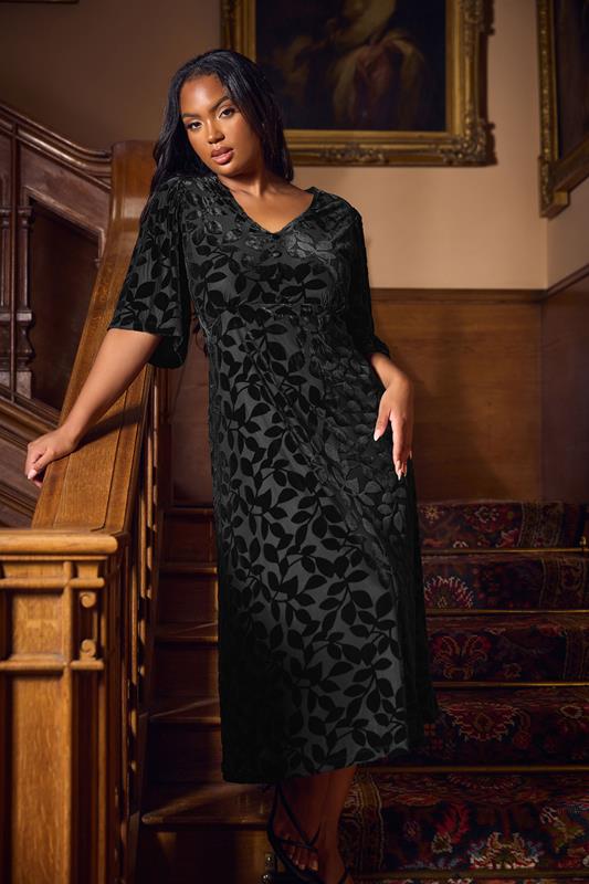 YOURS Curve Black Leaf Devore Velvet Maxi Dress