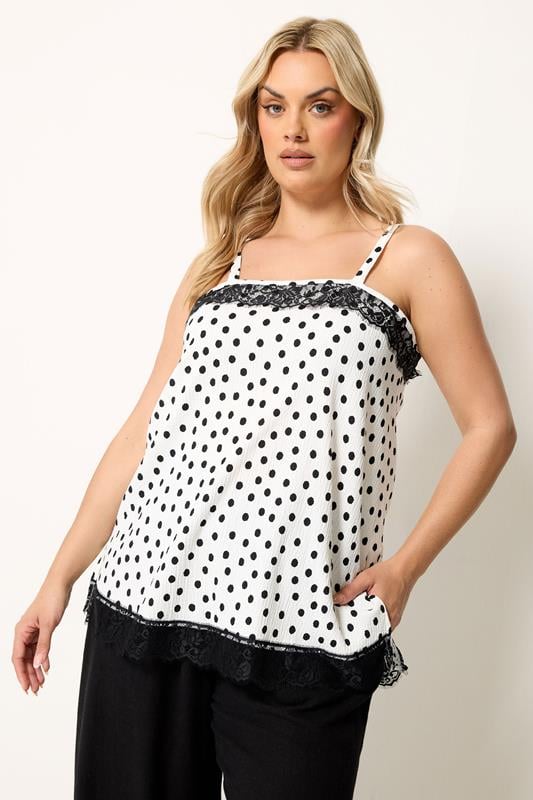 YOURS Plus Size White Polka Dot Lace Trim Vest Top | Yours Clothing 1