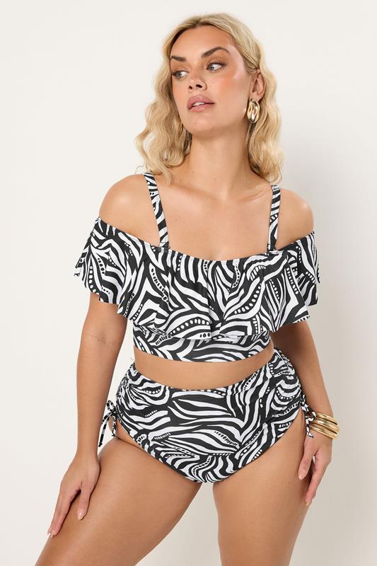 YOURS Plus Size Black Abstract Frill Bardot Bikini Top | Yours Clothing 1