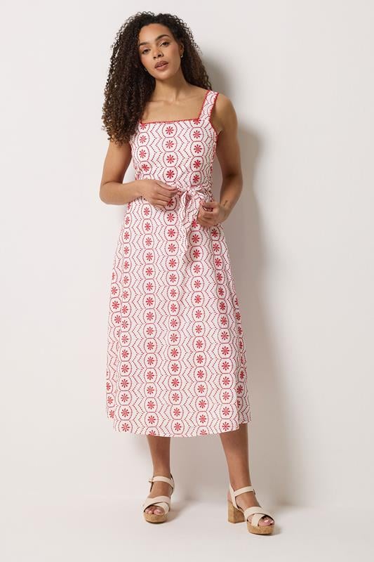 M&Co White & Red Embroidered Cotton Tie Waist Dress | M&Co 4