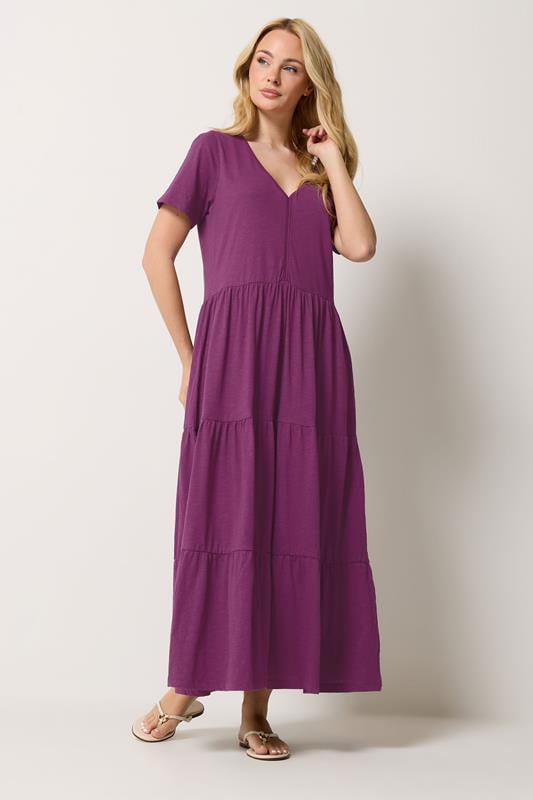  M&Co Berry Purple Notch Neck Tiered Cotton Maxi Dress