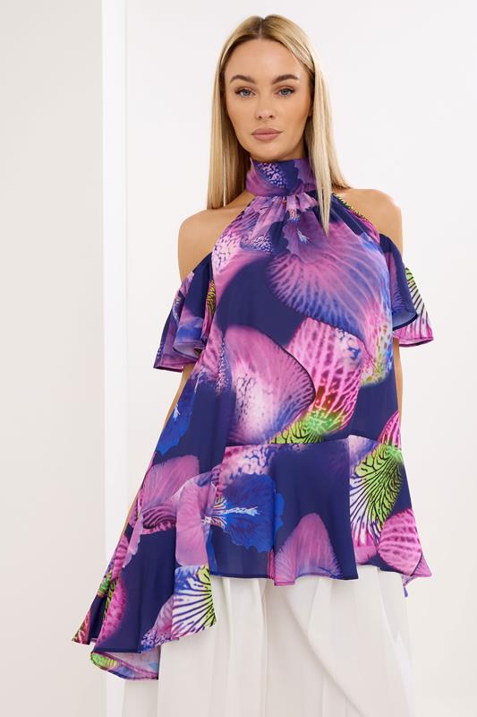 STAR Purple Floral Cold Shoulder Top