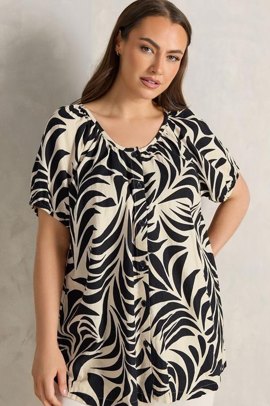 EVANS Plus Size Black Premium Linen Leaf Print Blouse | Evans 1