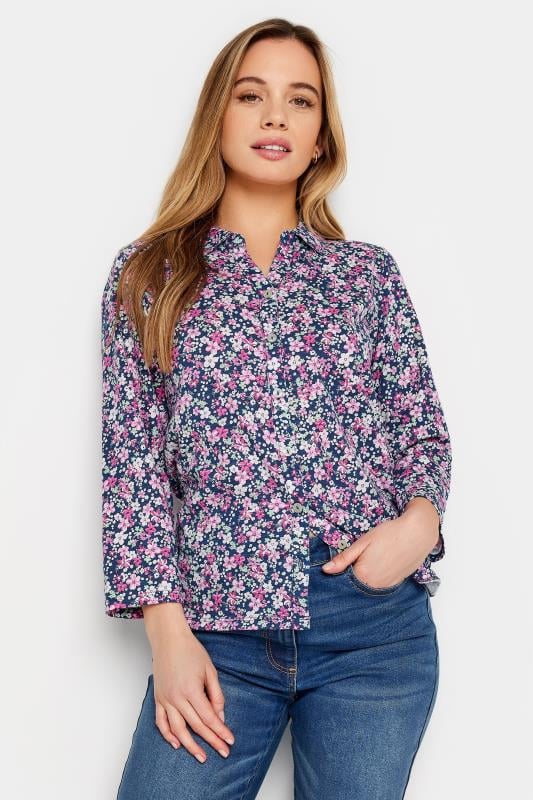 Women's  M&Co Petite Pink Floral Print Cotton Collared Shirt