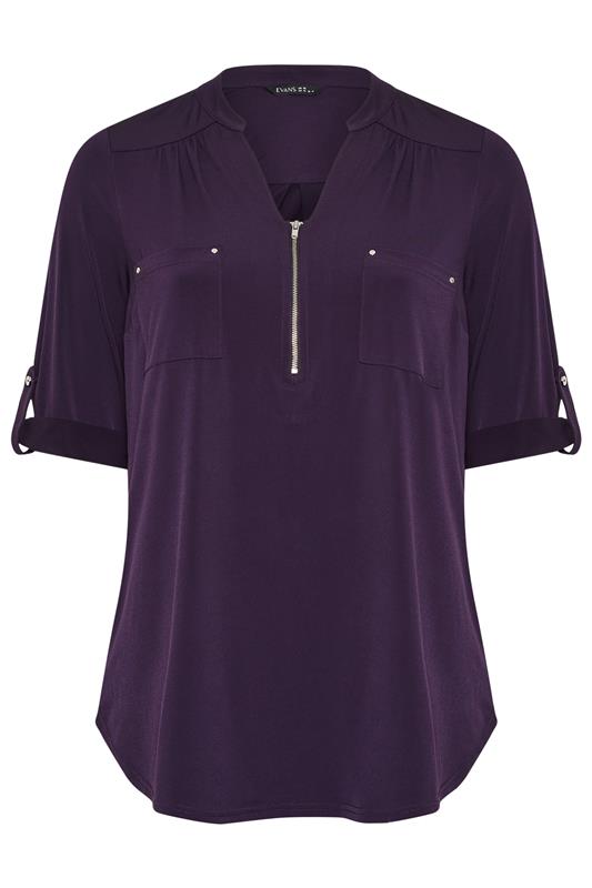 EVANS Plus Size Plum Purple Zip Front Jersey Blouse | Evans  5