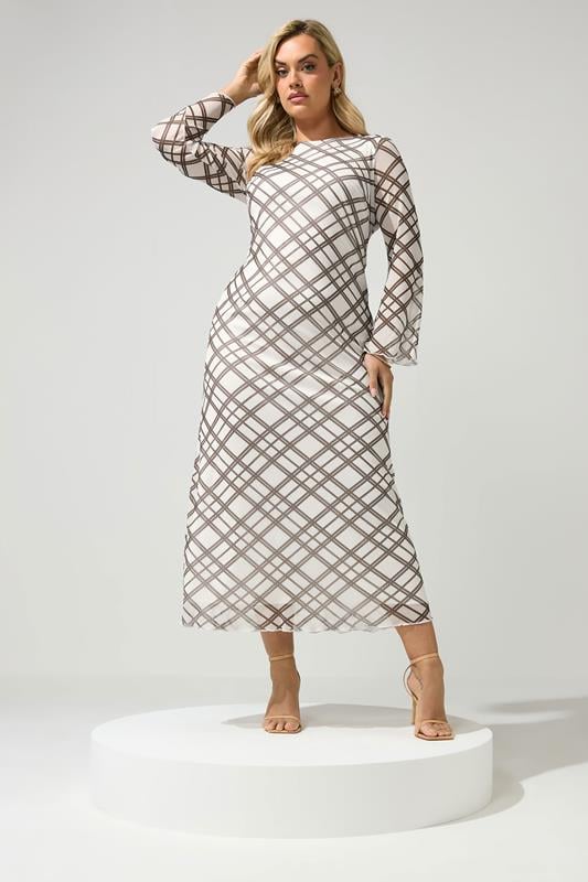 YOURS LONDON Plus Size Ivory White & Brown Checked Mesh Dress | Yours Clothing 1