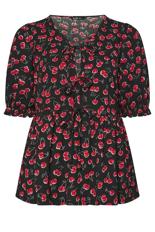 YOURS Plus Size Black Cherry Bow Tie Front Peplum Top | Yours Clothing 5