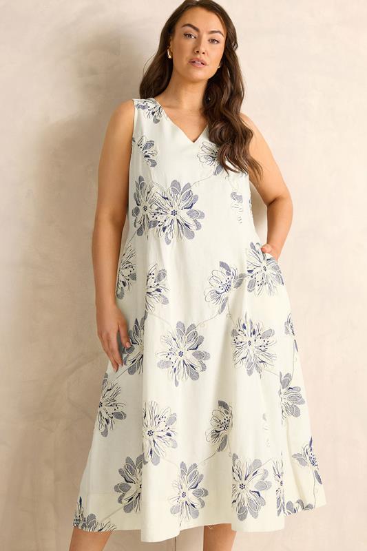 EVANS Plus Size Cream Embroidered Floral Linen Midi Dress | Evans 1