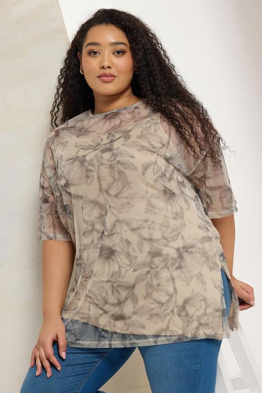 YOURS Plus Size Natural Brown Leaf Oversized Mesh Top | Yours Clothing 4