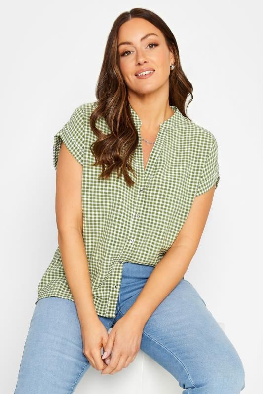 Women's  M&Co Khaki Green Gingham Short Sleeve Shirt