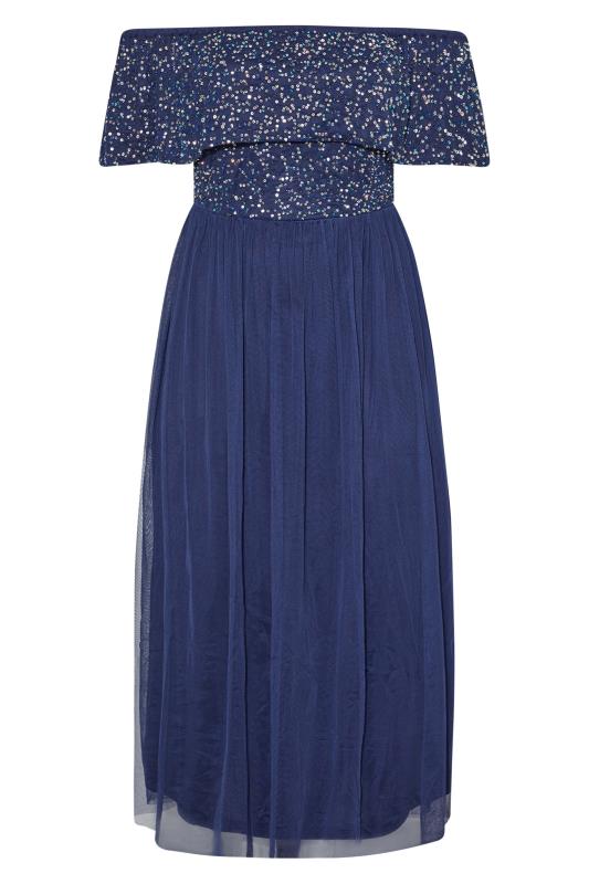 LUXE Plus Size Blue Bardot Hand Embellished Maxi Dress | Yours Clothing 7