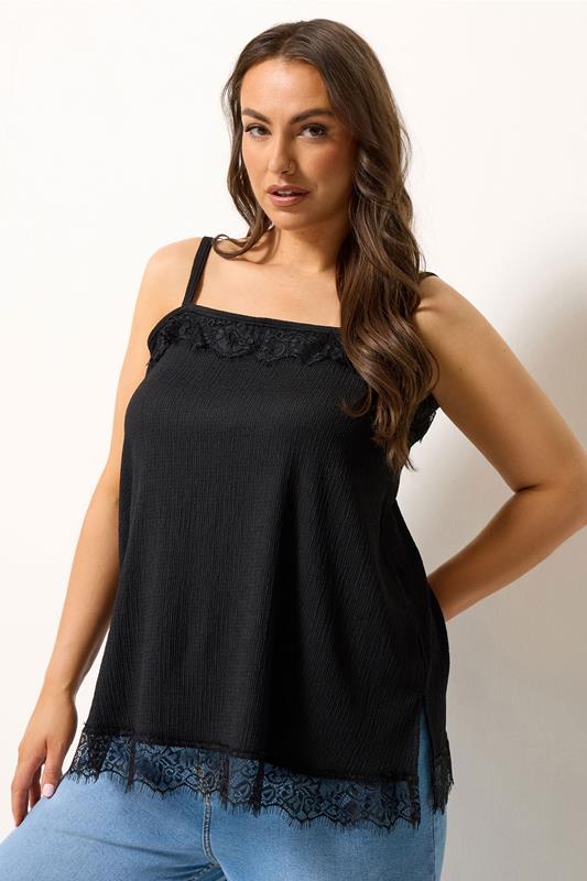 YOURS Plus Size Black Lace Detail Vest Top | Yours Clothing 1