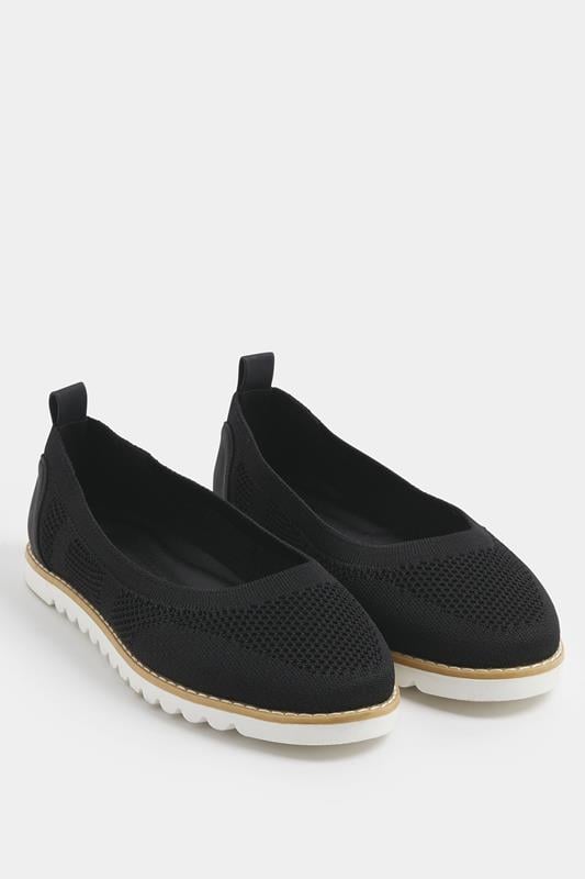 Black Knitted Slip On Ballet Flats In Extra Wide EEE Fit