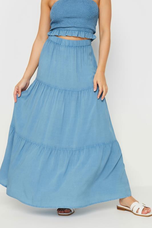 PixieGirl Petite Women's Blue Chambray Tiered Maxi Skirt | PixieGirl 3