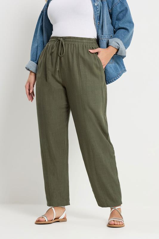 YOURS Curve Olive Green Barrel Leg Linen Trousers