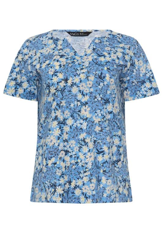 M&Co Blue Floral Print Notch Neck T-Shirt | M&Co 5