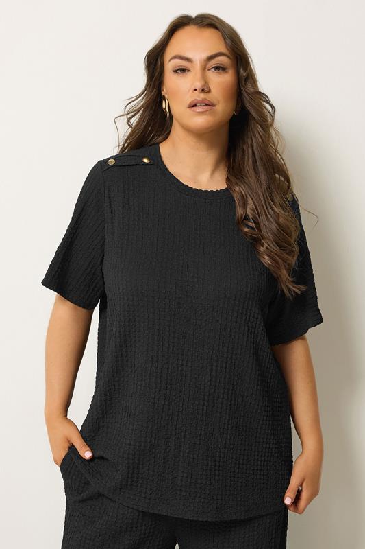 YOURS Curve Black Button Detail Bubble Texture Top