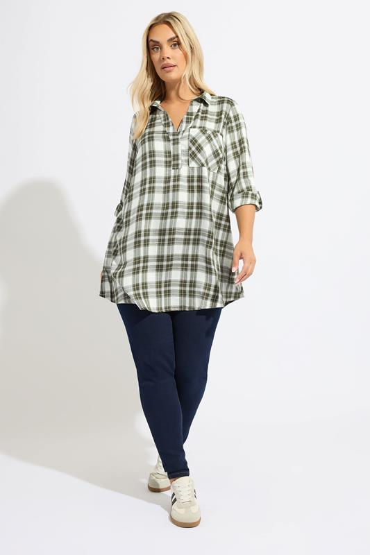 YOURS Plus Size Green Check Overhead Shirt | Yours Clothing 1