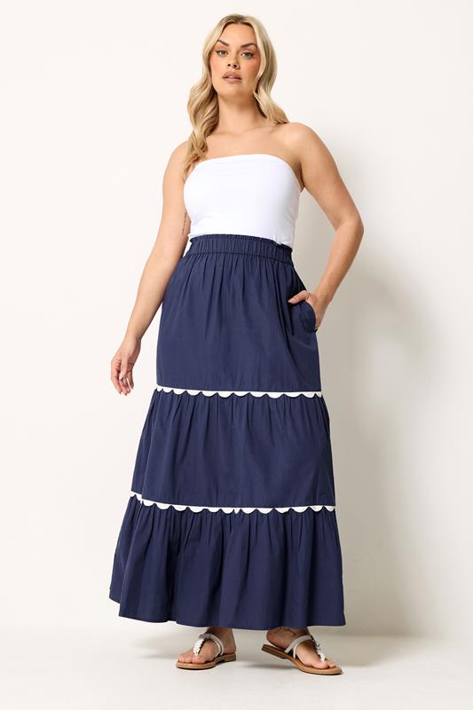 YOURS Plus Size  Navy Blue Scallop Trim Maxi Skirt | Yours Clothing  1
